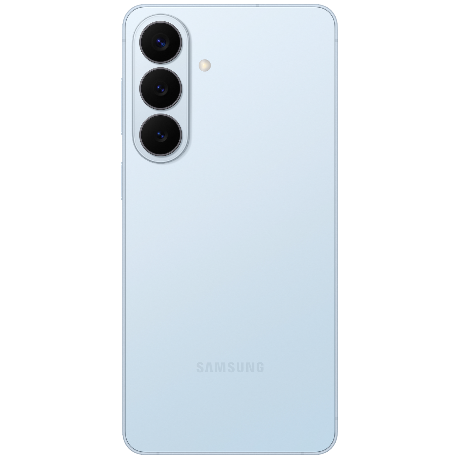 Back of a light blue Samsung smartphone with three camera lenses and a flash.