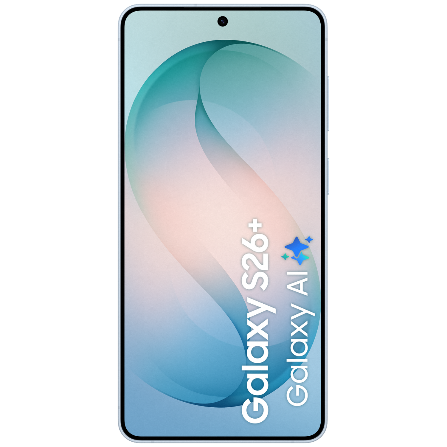 A smartphone with a blue-green background, text "Galaxy S26+" and "Galaxy AI".
