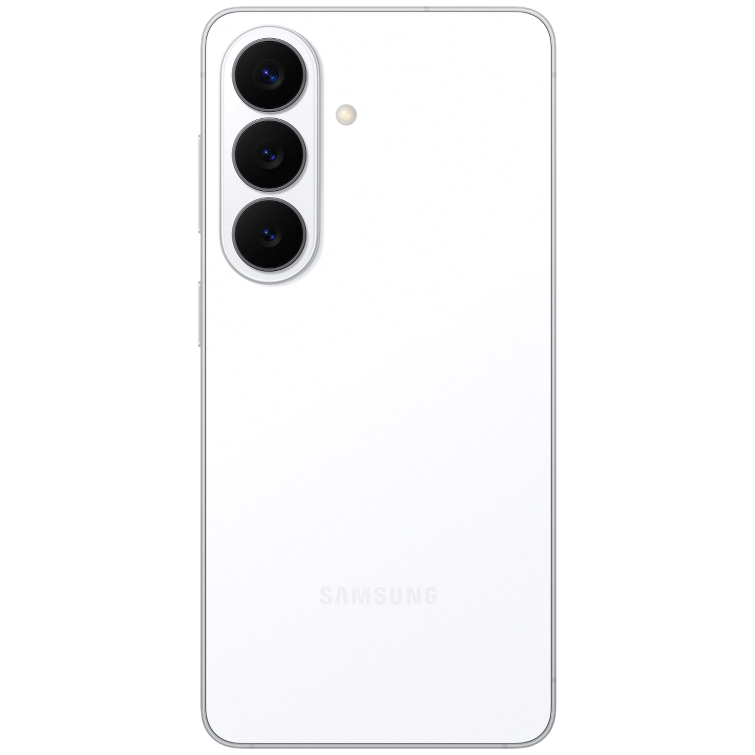 Back of a white Samsung smartphone with three camera lenses and a flash.