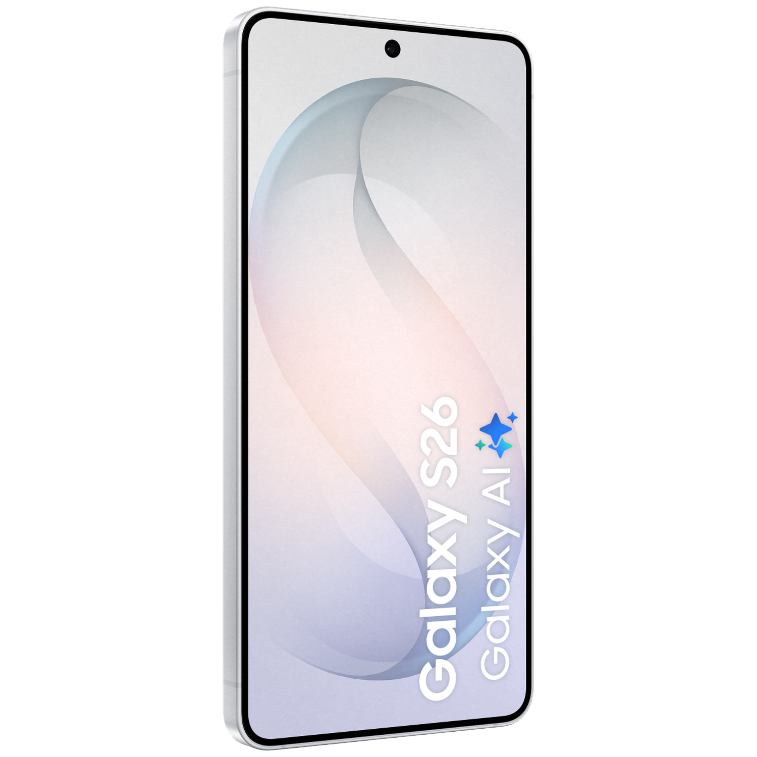 A white smartphone displaying "Galaxy S26 Galaxy AI" on its screen.