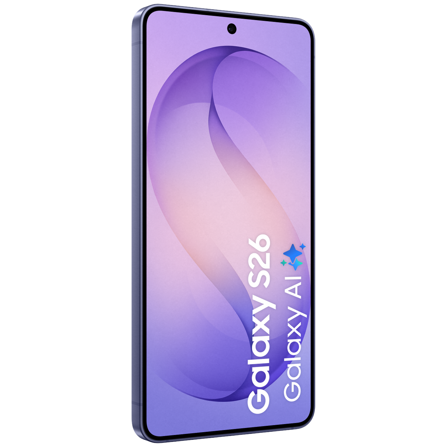 Un Samsung Galaxy S26 violet avec logo IA sur fond noir.