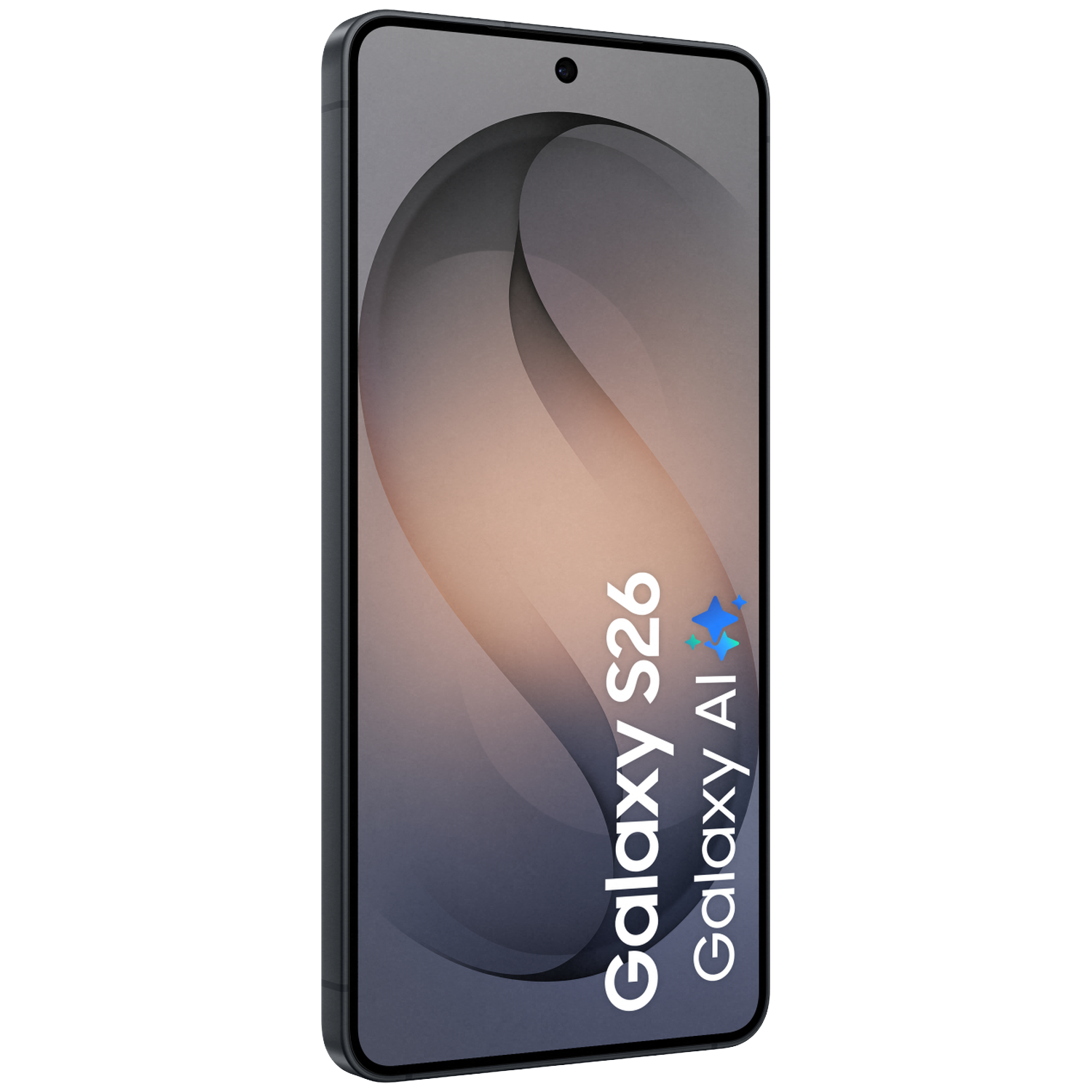A dark smartphone displaying text: Galaxy S26 Galaxy AI.