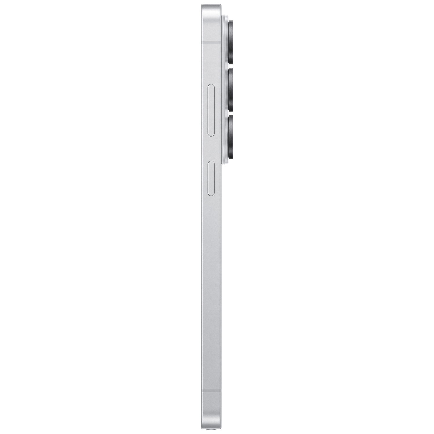 Silver smartphone in side profile showing camera lenses and buttons.