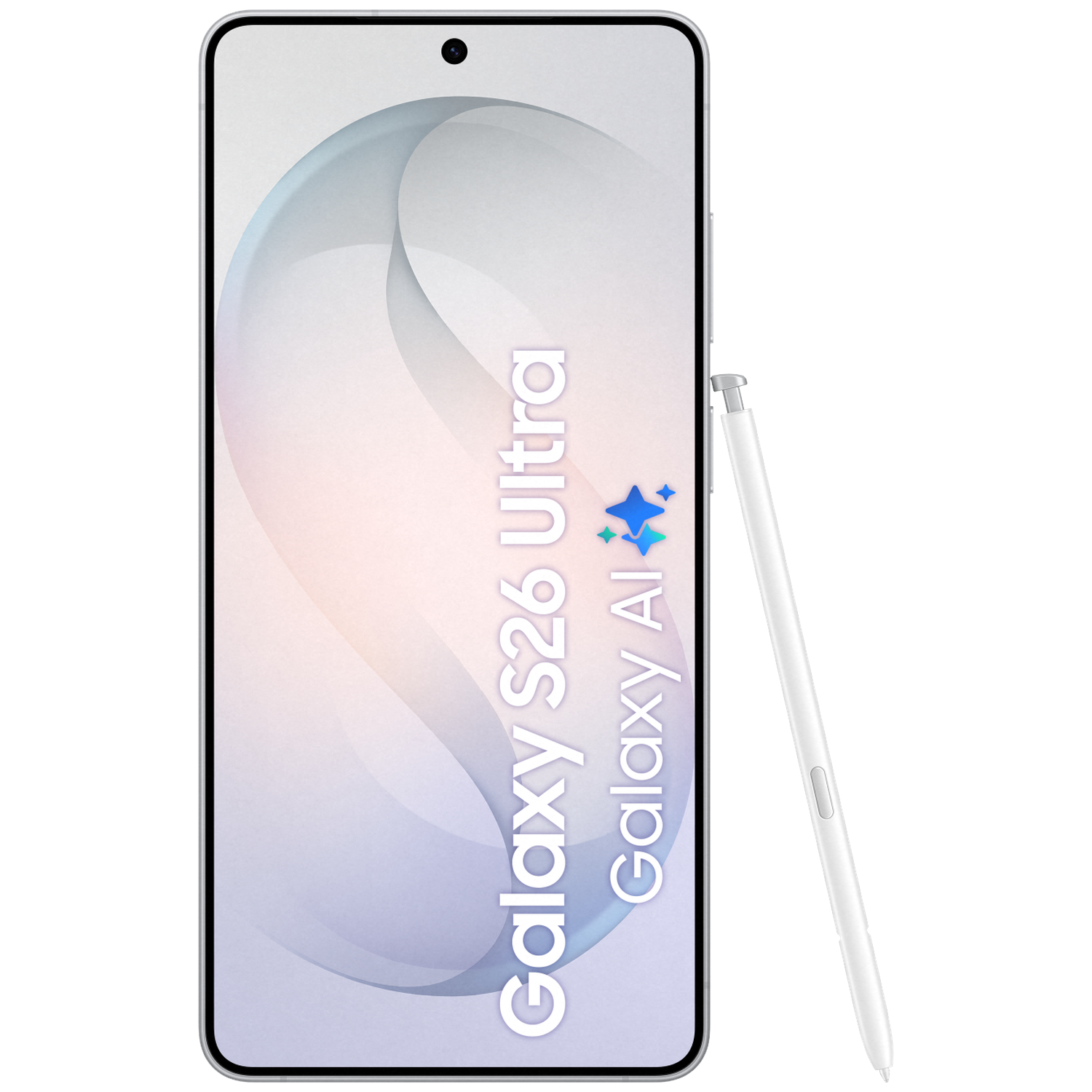 A white smartphone with a stylus, displaying Galaxy S26 Ultra and Galaxy AI.