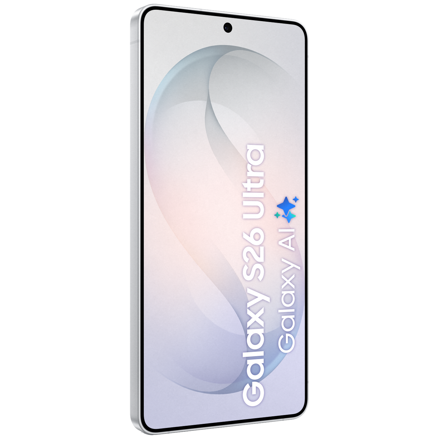 A silver smartphone displaying "Galaxy S26 Ultra Galaxy AI" on its screen.