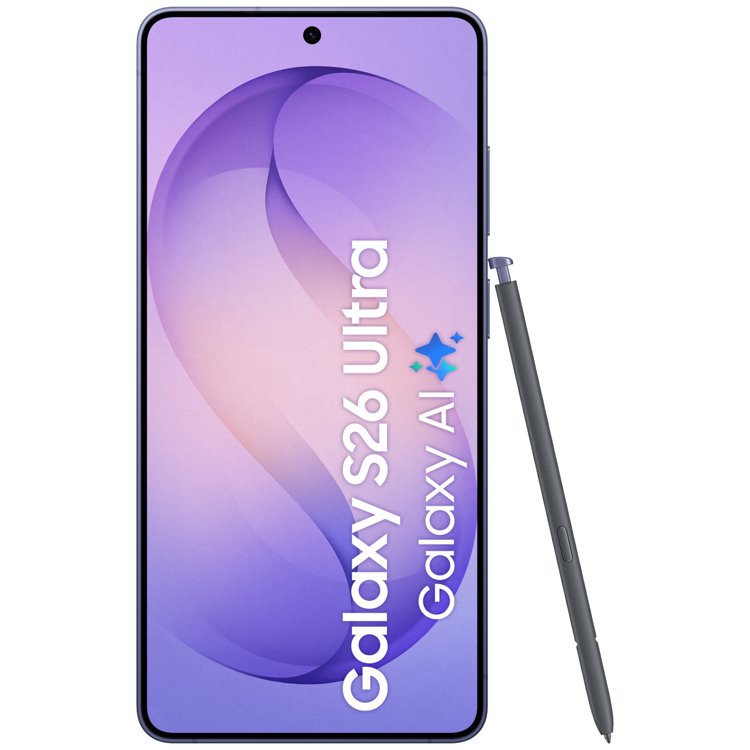 A gray stylus lies next to a purple smartphone displaying "Galaxy S26 Ultra Galaxy AI".