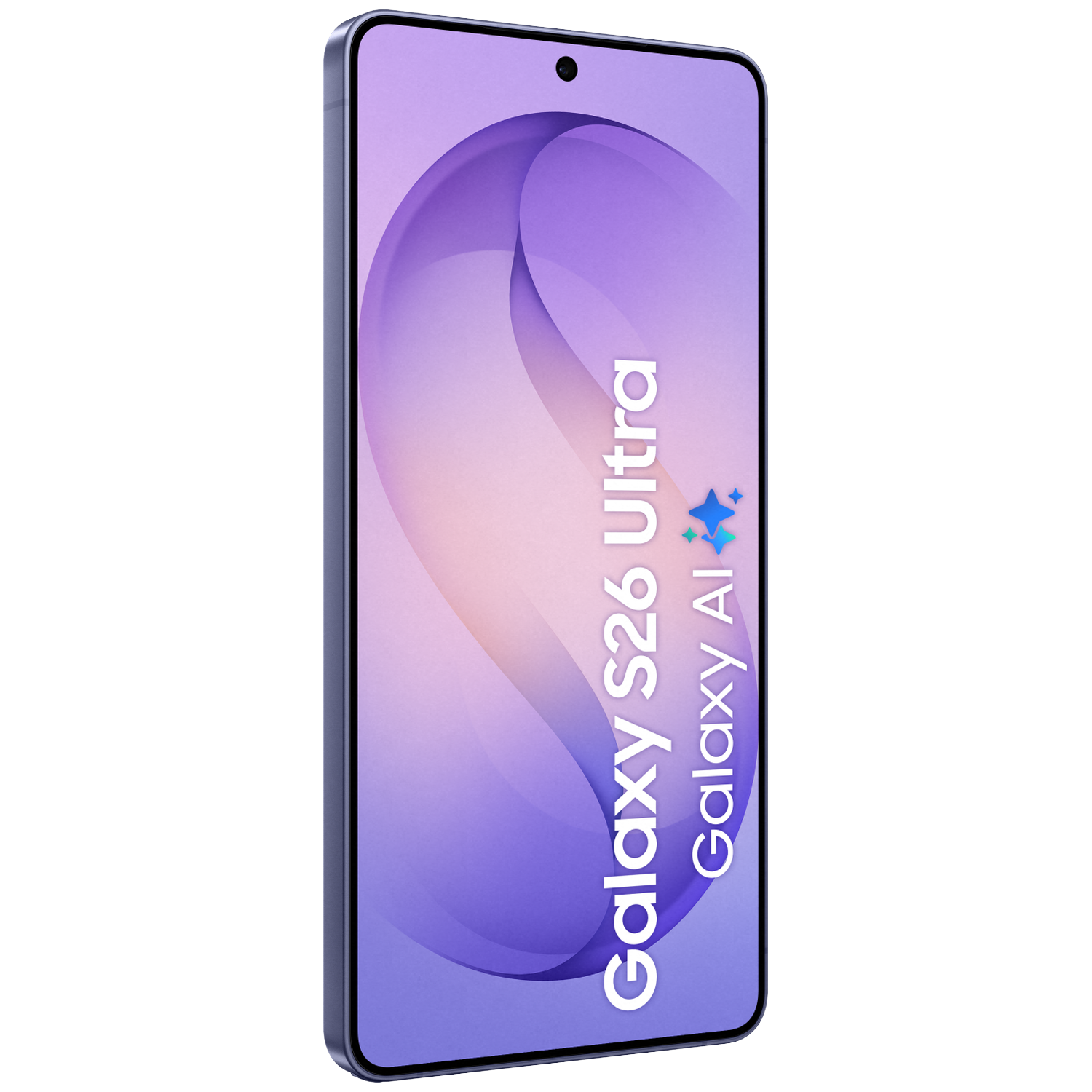 A modern smartphone with a purple background and text.