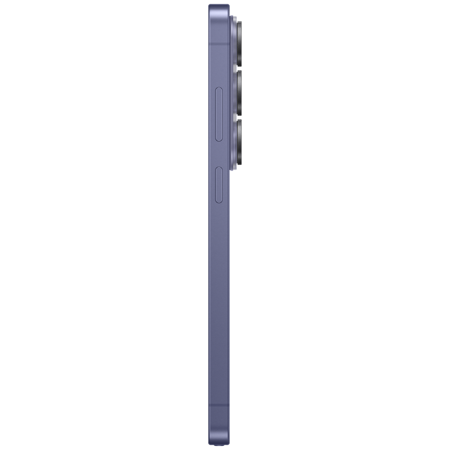 Purple smartphone from the side with three camera lenses at the top.
