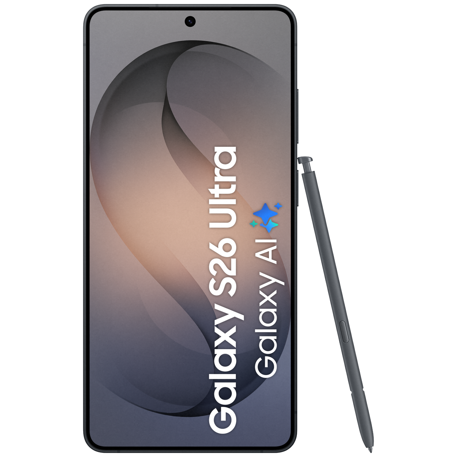 Gray smartphone with stylus, displaying "Galaxy S26 Ultra Galaxy AI"