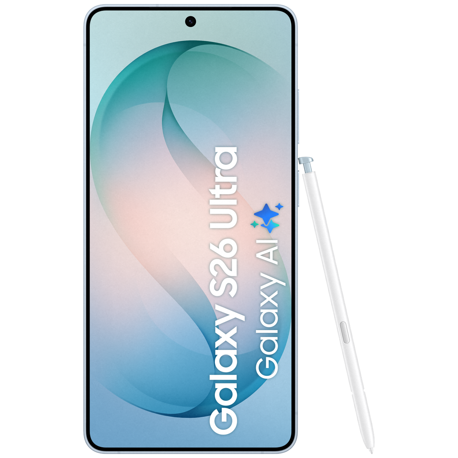 A white stylus rests beside a light blue smartphone displaying "Galaxy S26 Ultra".