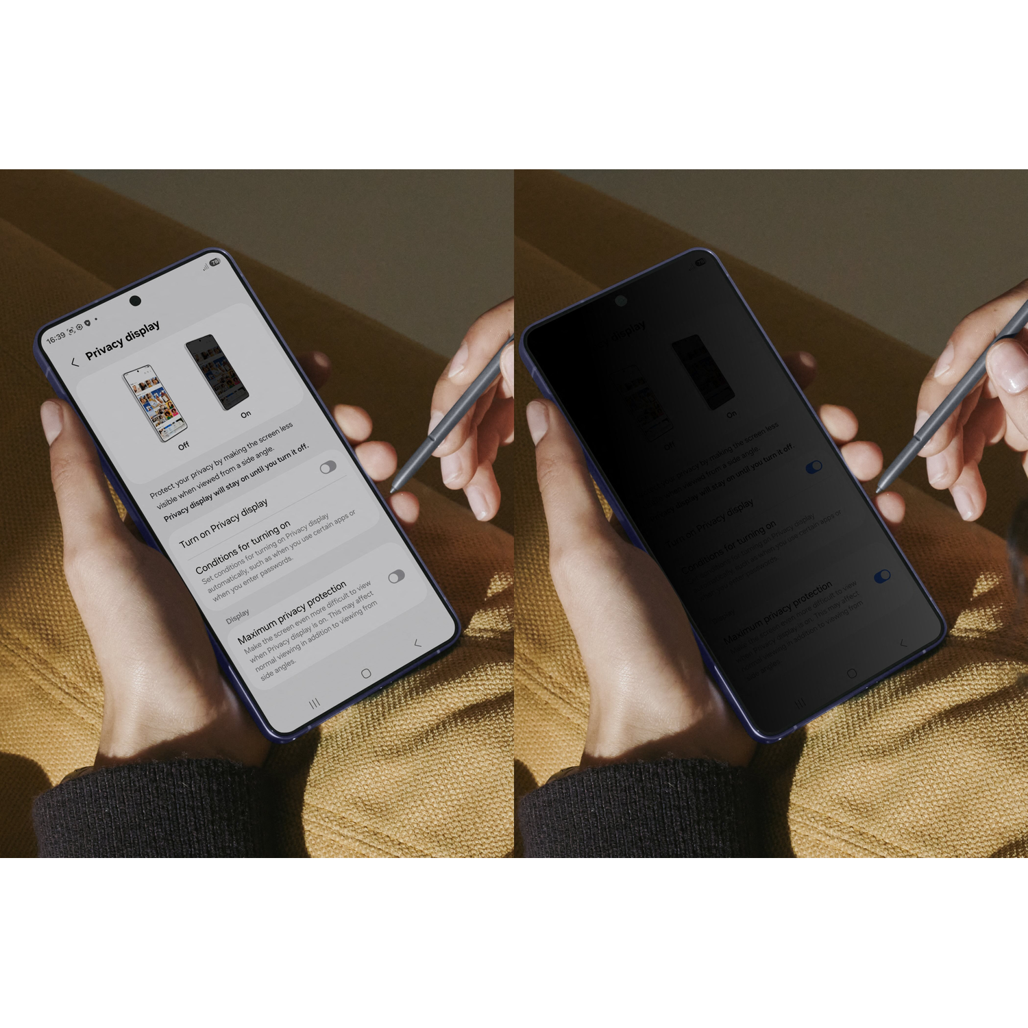 Two phones show privacy settings. One is bright, the other is dark.