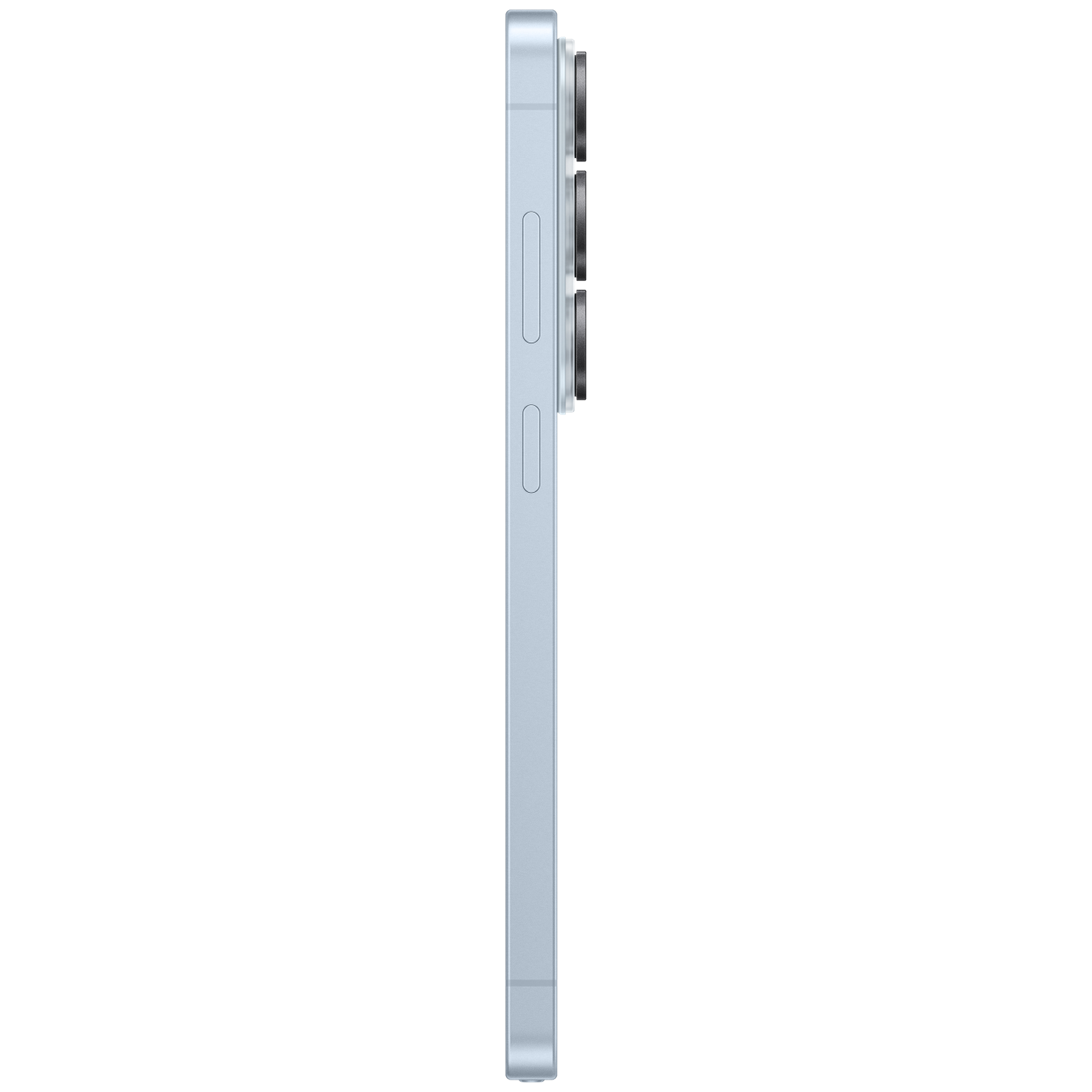 A light blue smartphone in profile with three camera lenses on the back.
