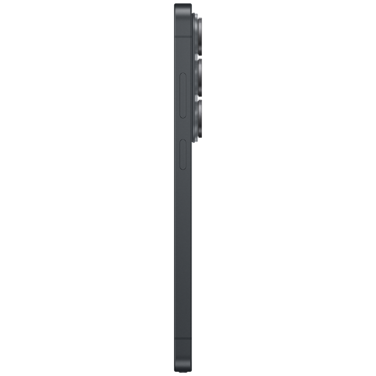 Gray smartphone in profile view, showing three camera lenses.