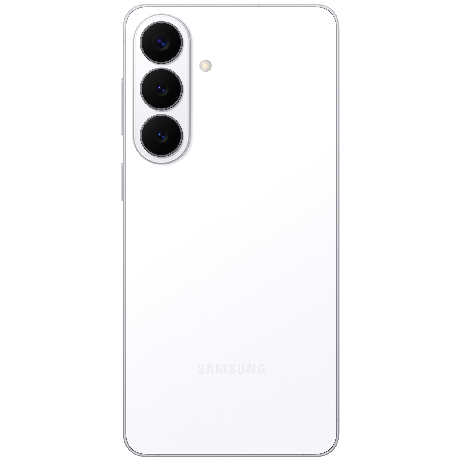 Back of a white smartphone with three camera lenses and a flash.