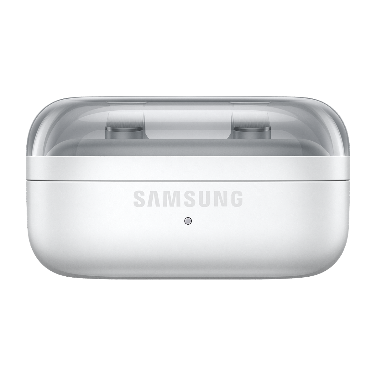 Şeffaf kapaklı kapalı beyaz Samsung kulaklık şarj kutusu.
