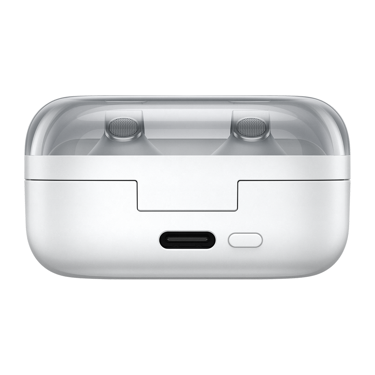 Şeffaf kapaklı ve USB-C bağlantı noktalı beyaz kulaklık şarj kutusu.