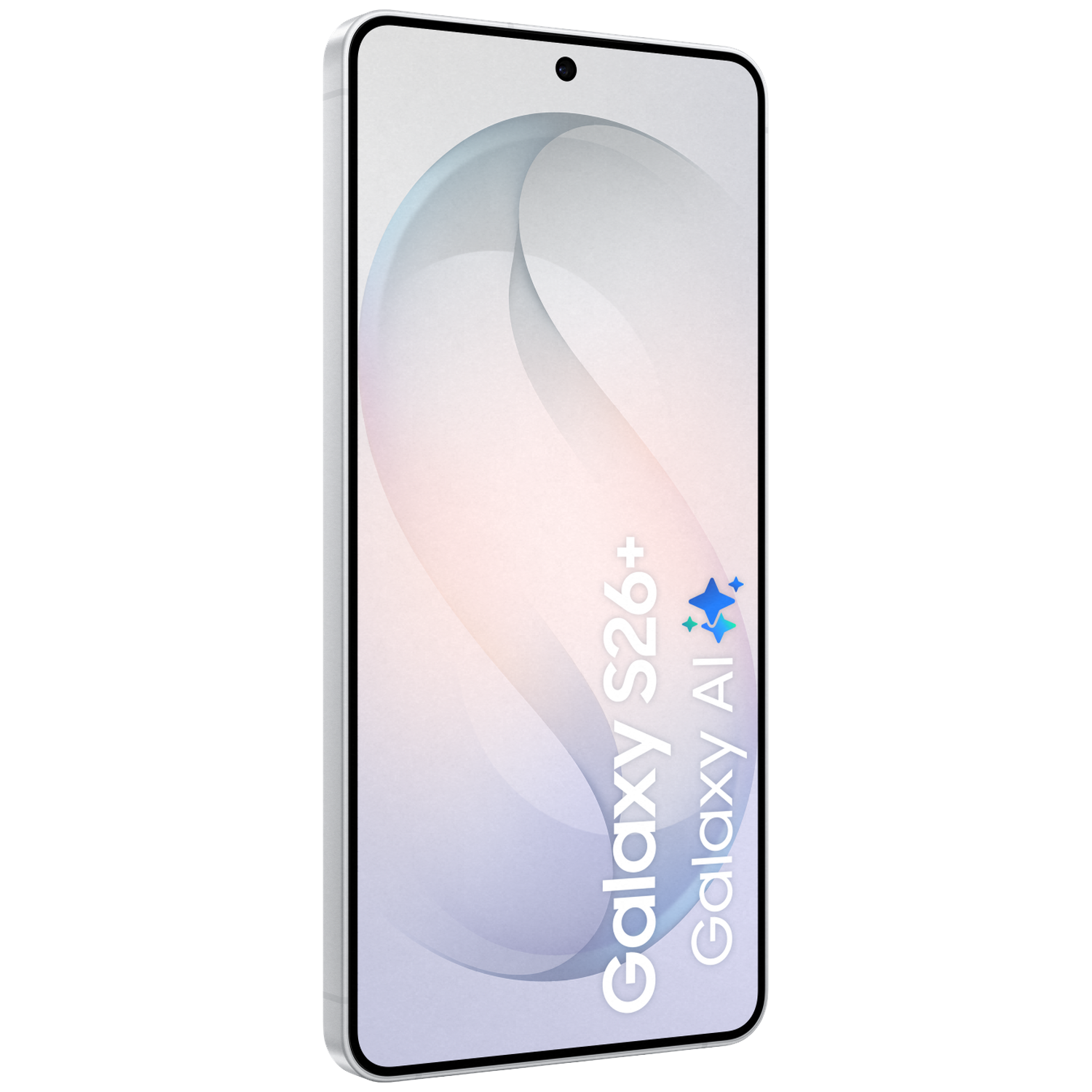 A white smartphone displaying "Galaxy S26+ Galaxy AI" on its screen.