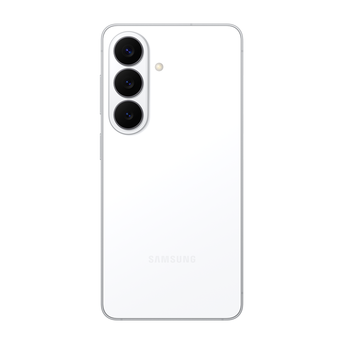 Üç kamera lensi ve flaşlı beyaz Samsung telefon arka yüzü.