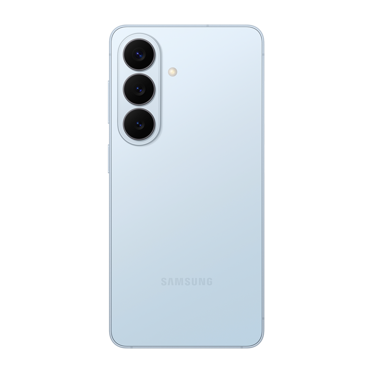 Arkada üç kamerası olan açık mavi bir Samsung akıllı telefon.