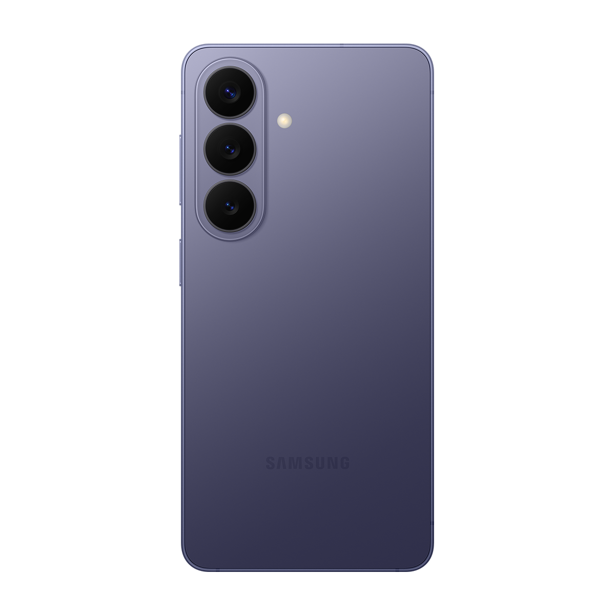 Üç kamera lensi ve flaşlı mor Samsung akıllı telefonun arkası.