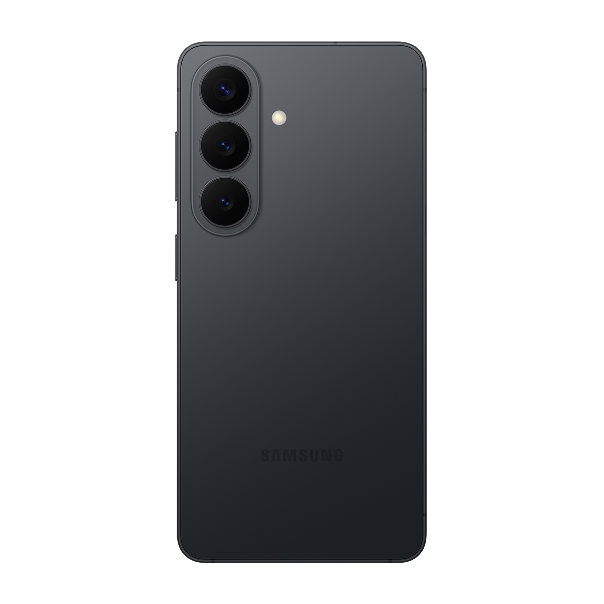 Üç kameralı ve flaşlı koyu renk Samsung akıllı telefonun arkası.