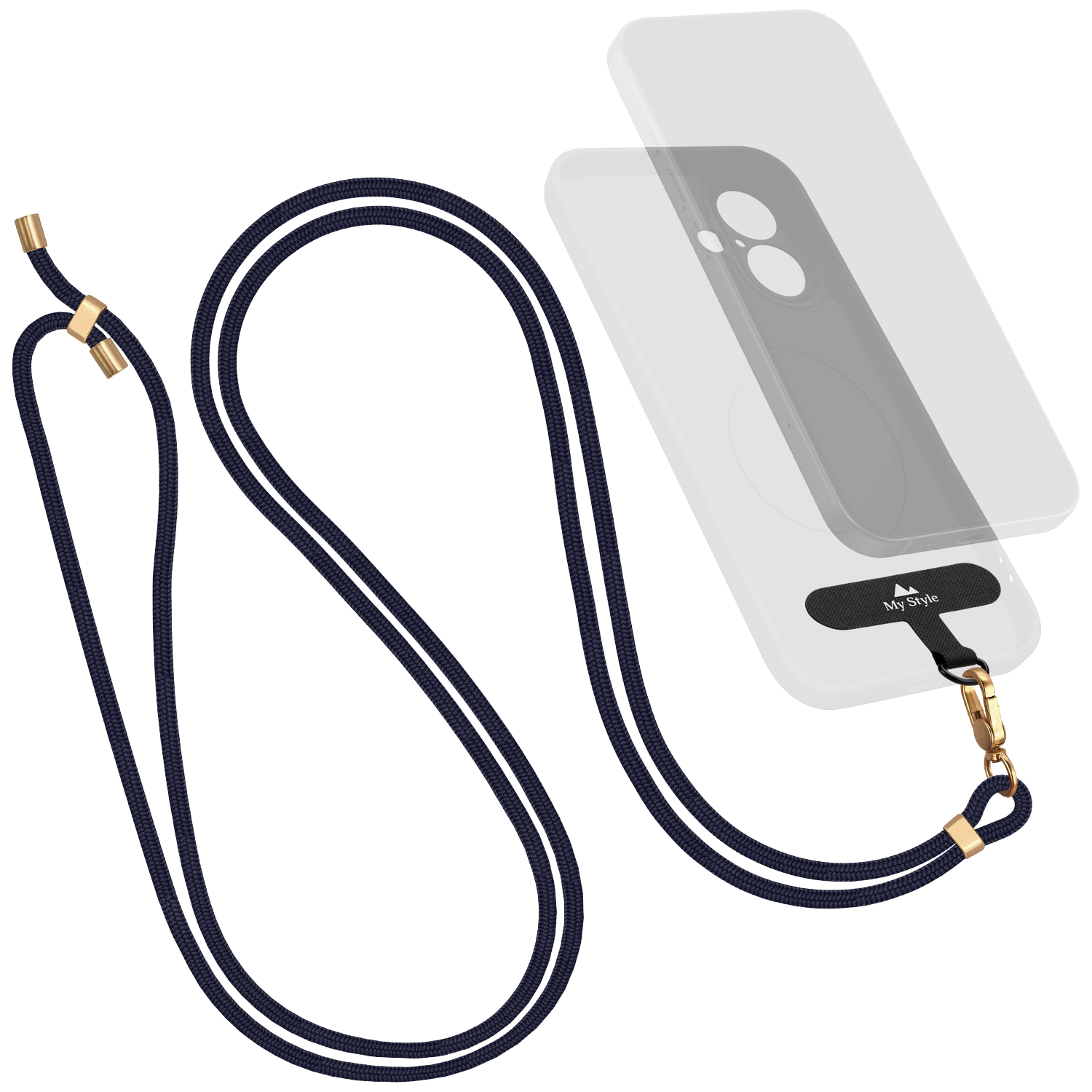 Donkerblauw koord met gouden accenten op een zwart telefoonhoesje.