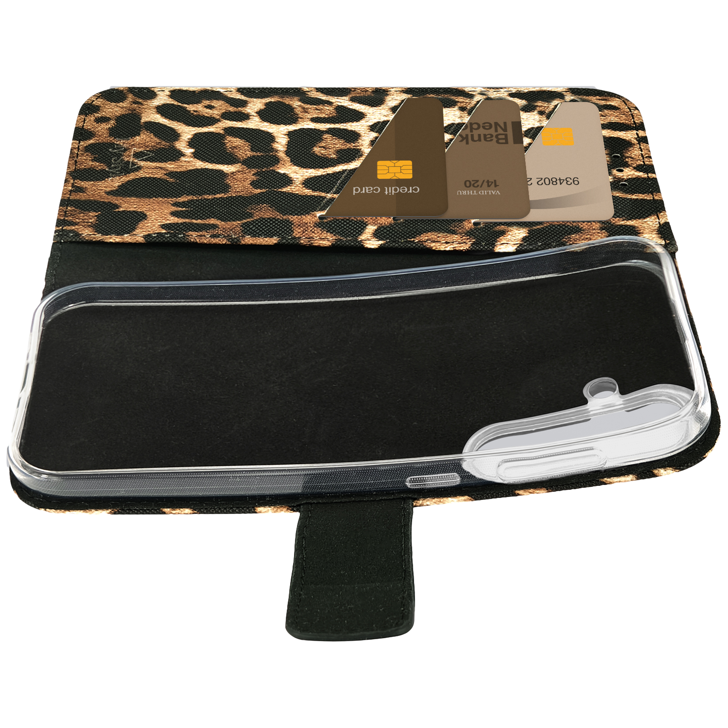 Telefoonhoes met luipaardprint, twee kaarthouders en een doorzichtige telefoonhouder.