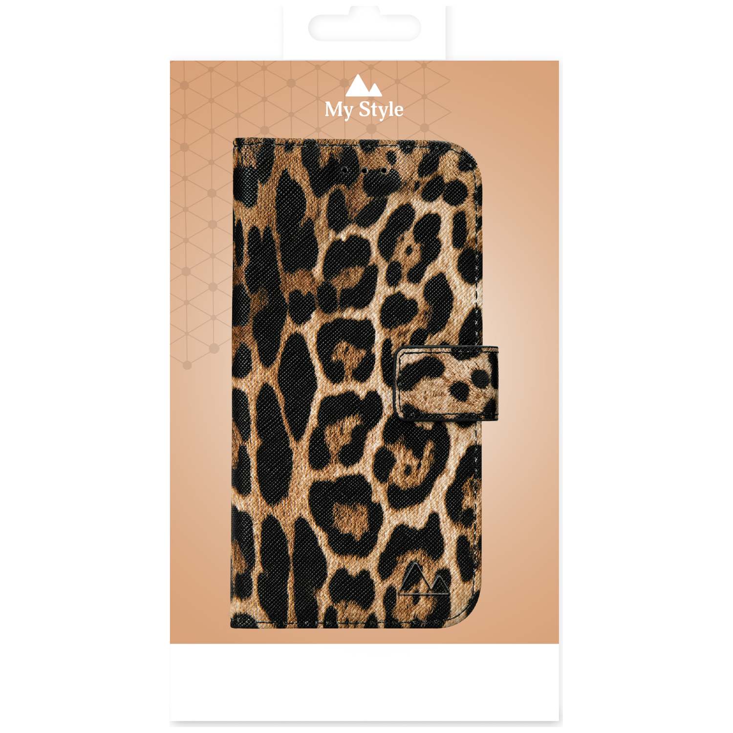 Telefoonhoesje met luipaardprint en bandsluiting, op beige achtergrond.