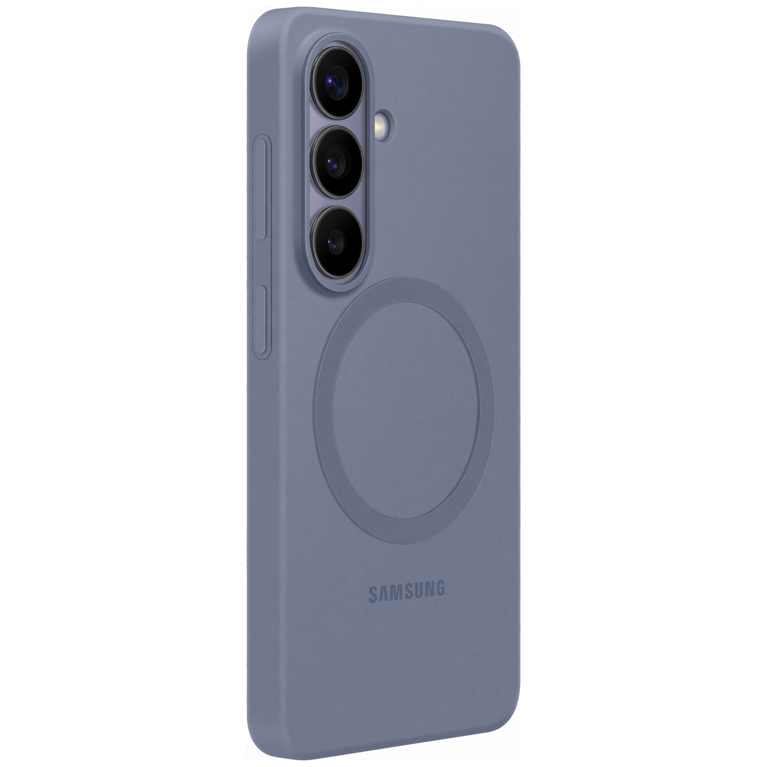 Coque de téléphone bleu grisâtre avec trois caméras et logo 'Samsung'.