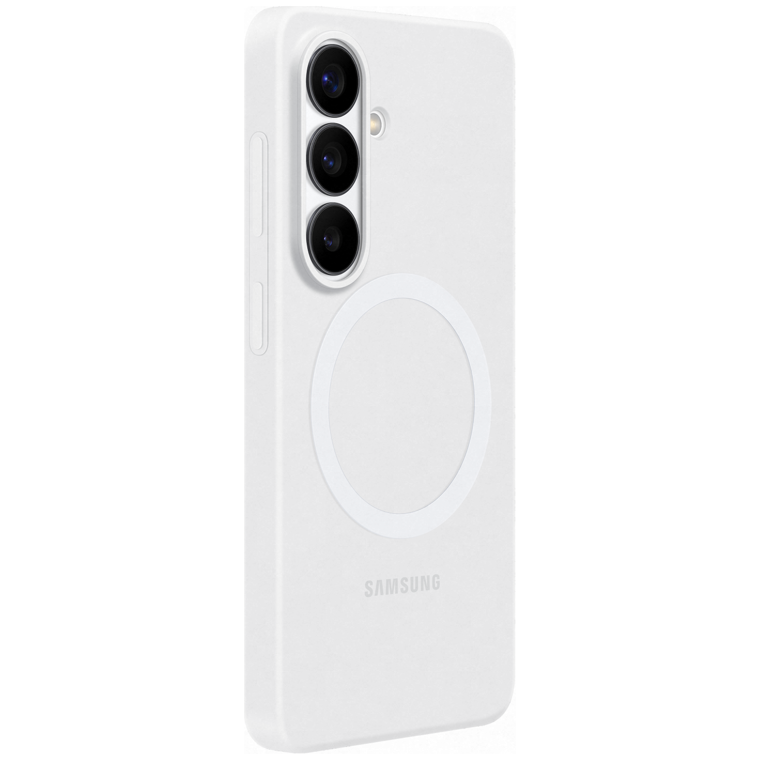 Wit telefoonhoesje met drie camera's en Samsung-logo.