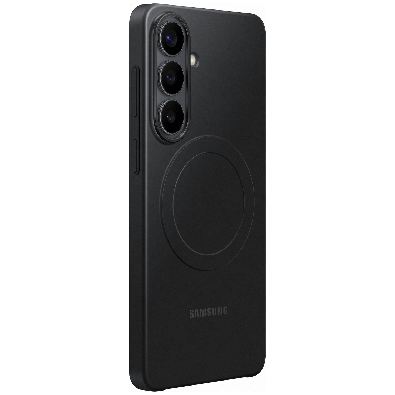 Étui noir Samsung avec trois caméras et anneau magnétique.