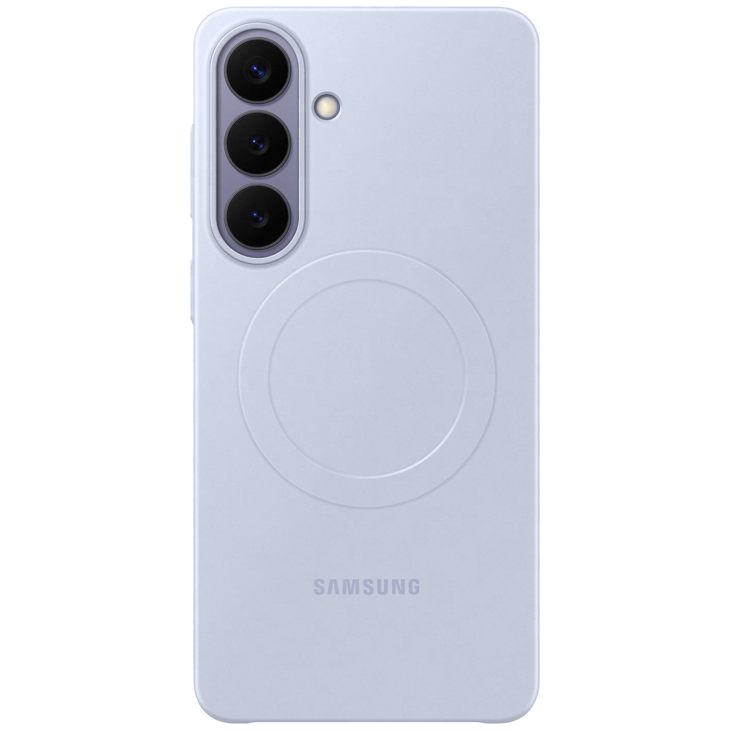 Arrière d'un téléphone Samsung lilas avec triple appareil photo et cercle de charge.