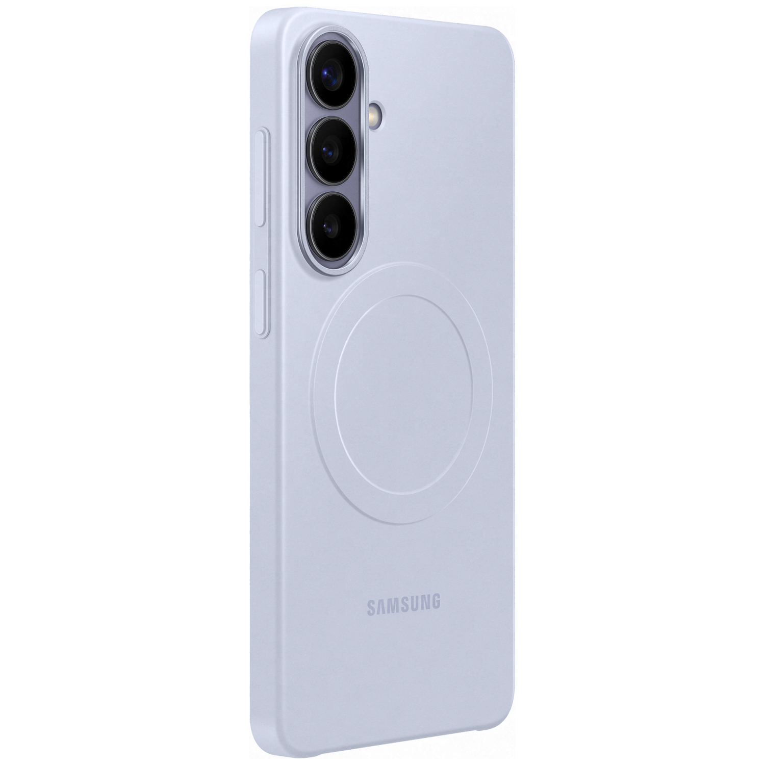 Une coque de téléphone Samsung lilas avec trois caméras et un design circulaire.