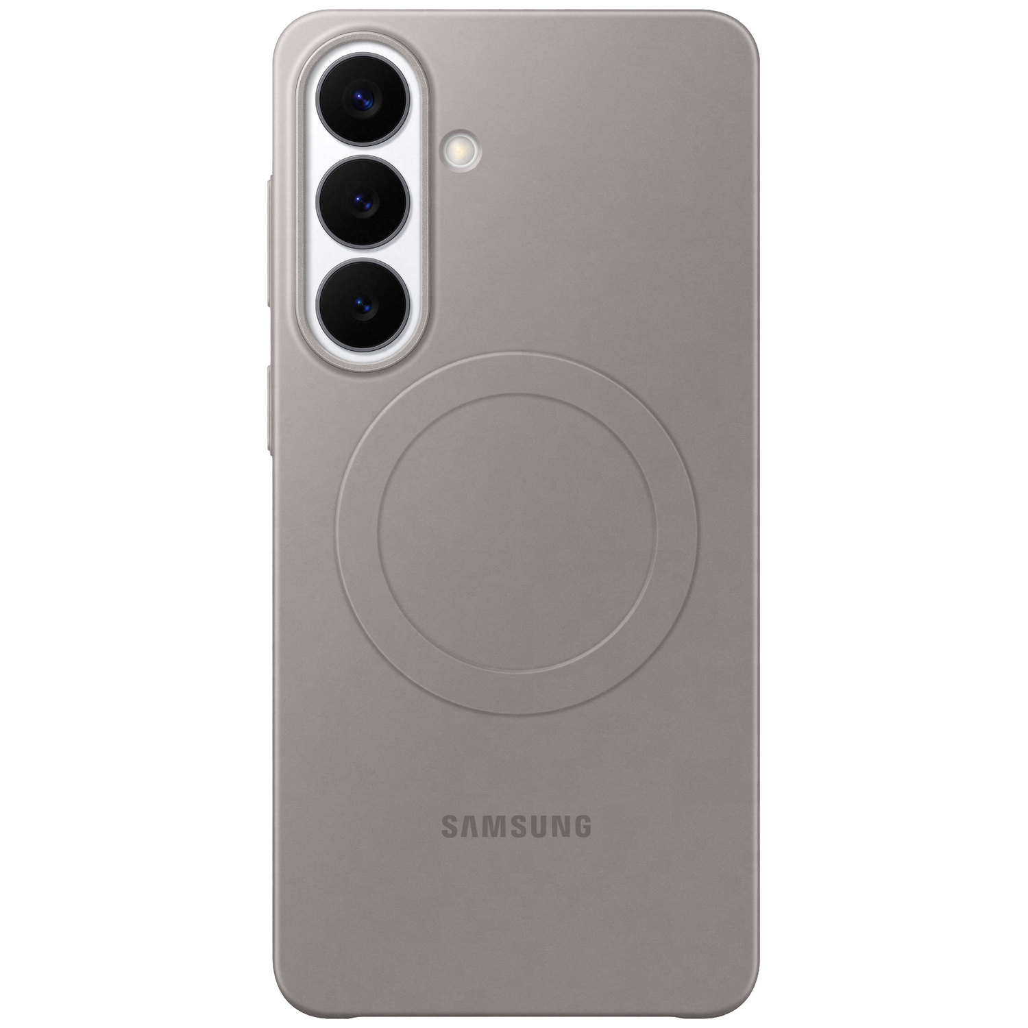 Grijze telefoonhoes met camera's en Samsung-logo op zwarte achtergrond.