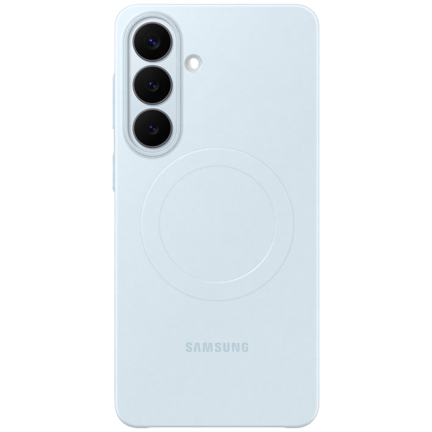 Lichtblauwe telefoonhoes met drie camera's en Samsung-logo.