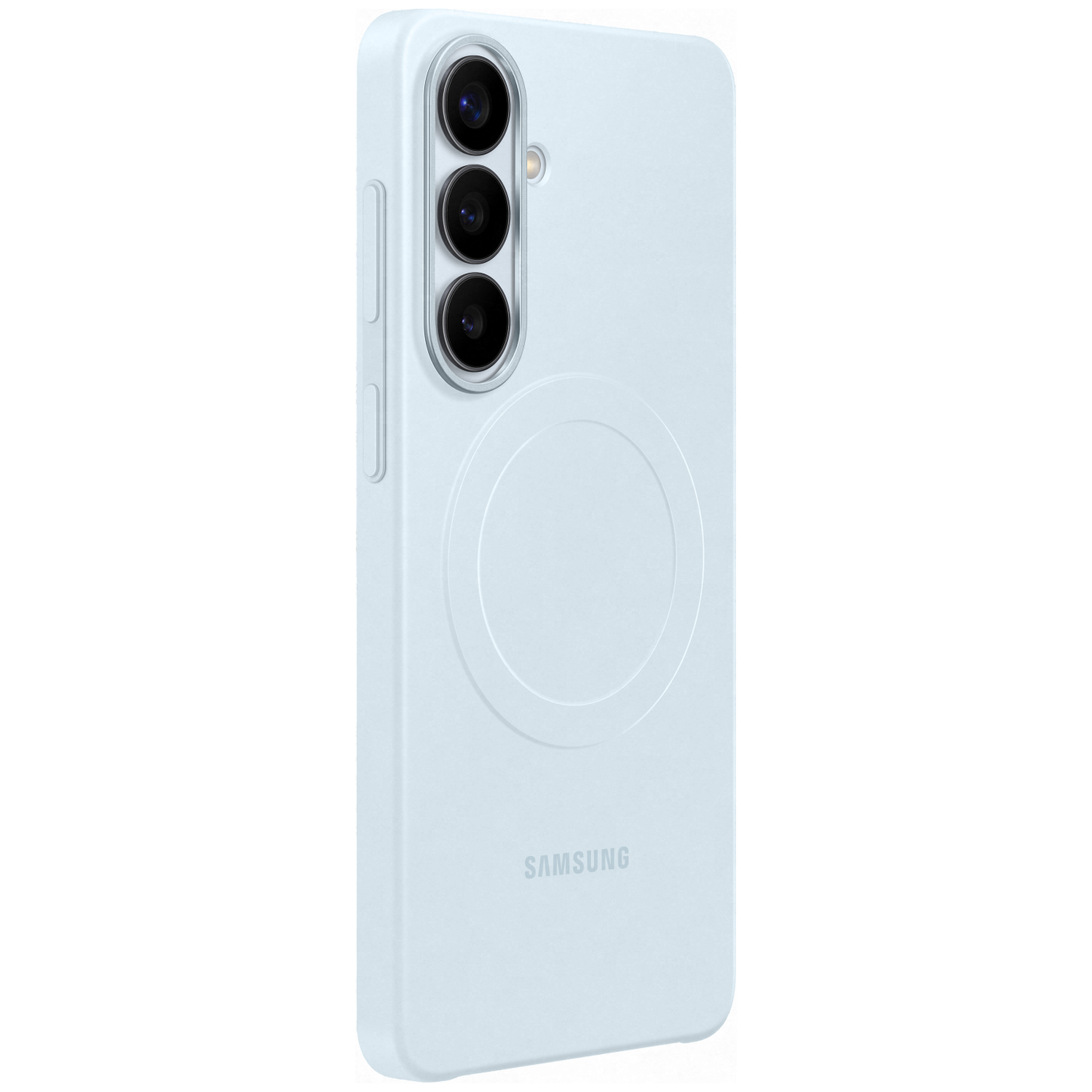 Lichtblauwe telefoonhoes met drie camera's en Samsung logo.