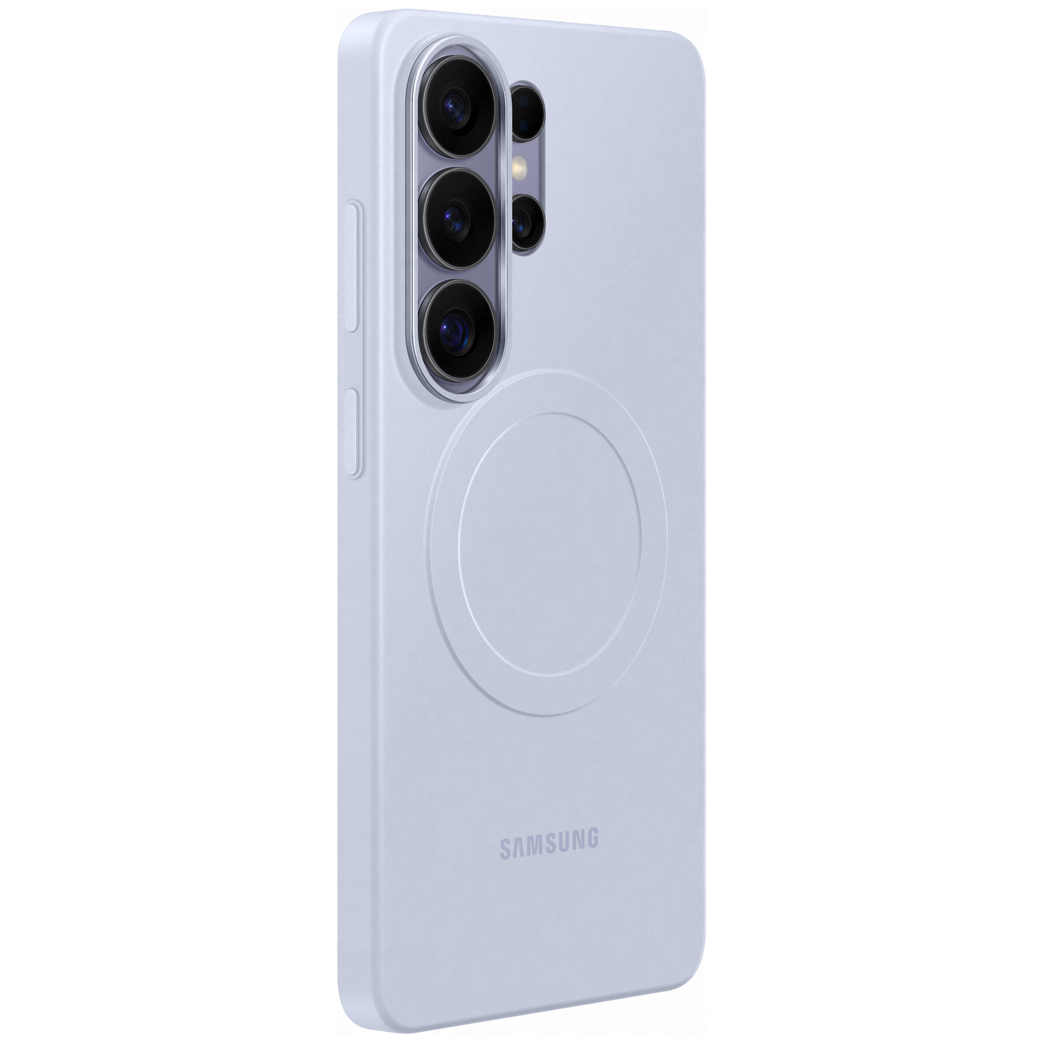 A light purple phone case with three cameras and a circle design on the back.