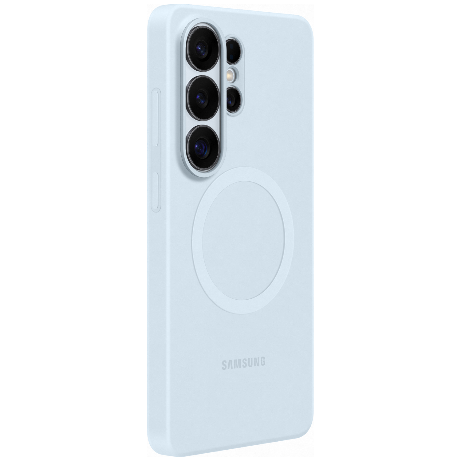 Light blue phone case with three cameras and a circle on a white background.
