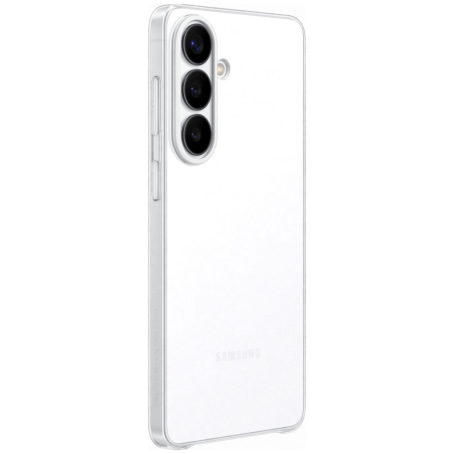 Doorzichtig telefoonhoesje met drie camera's en Samsung-logo.