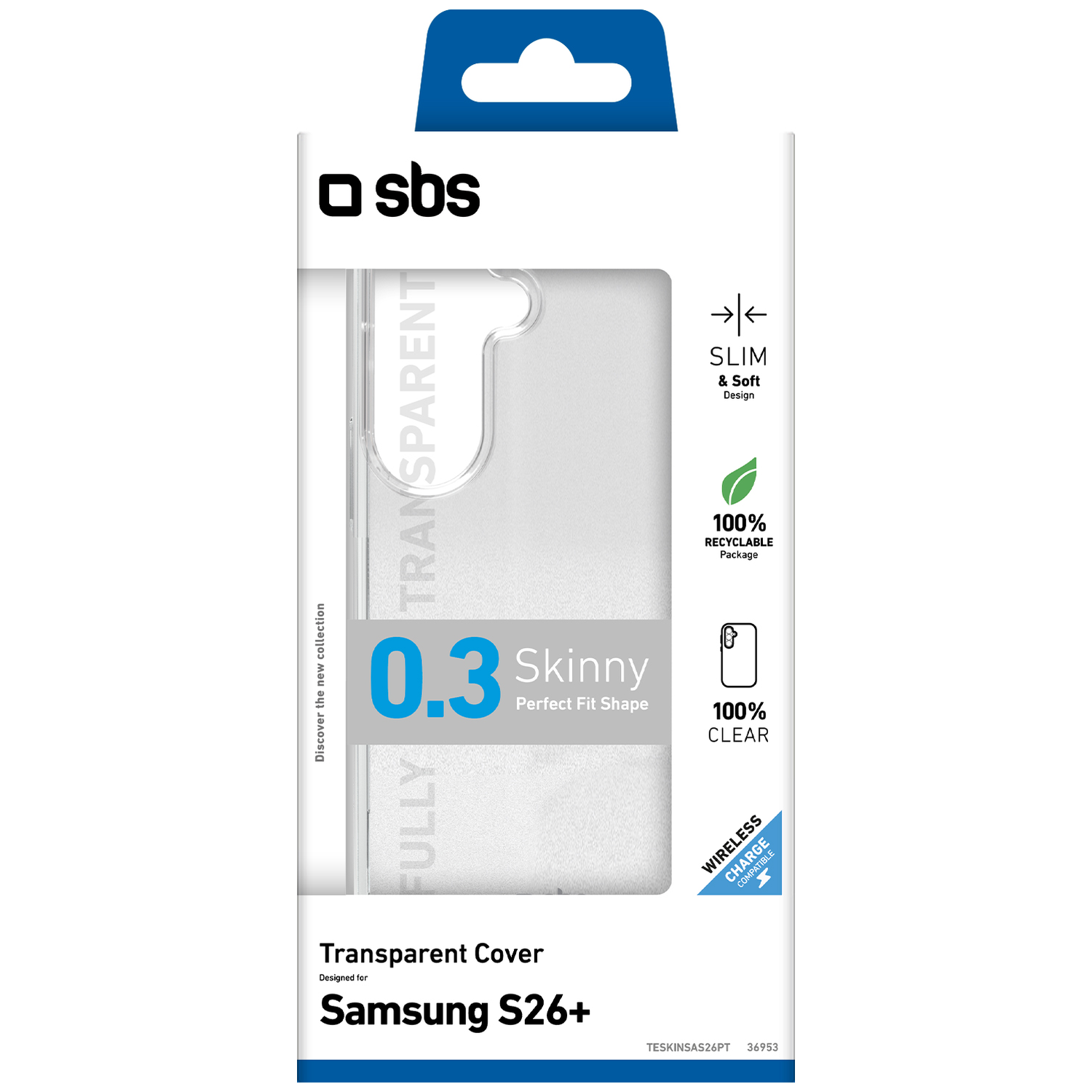 SBS transparante hoes voor Samsung S26+, 0,3 mm dun, compatibel met draadloos opladen.