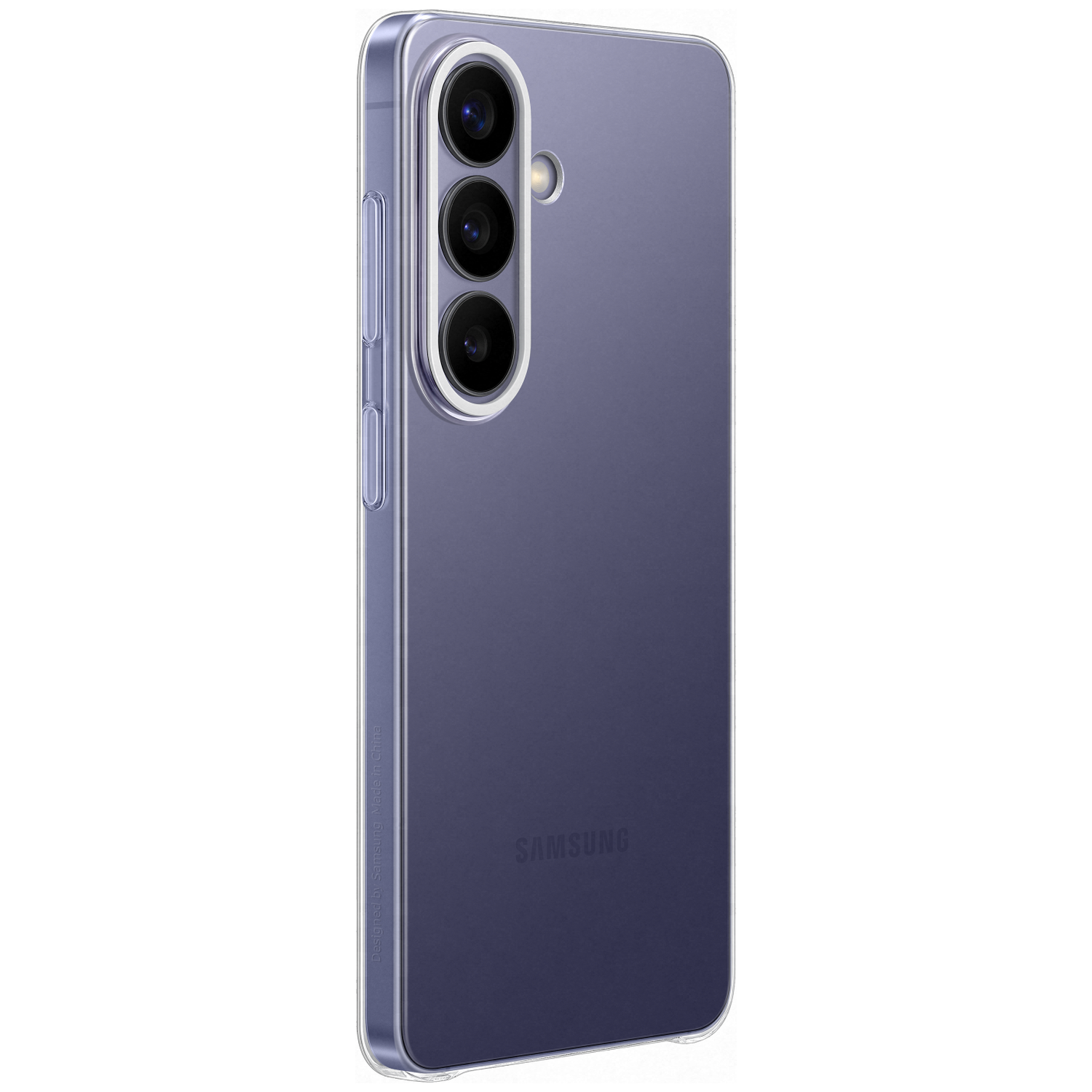A purple Samsung phone with three cameras, on a white background.
