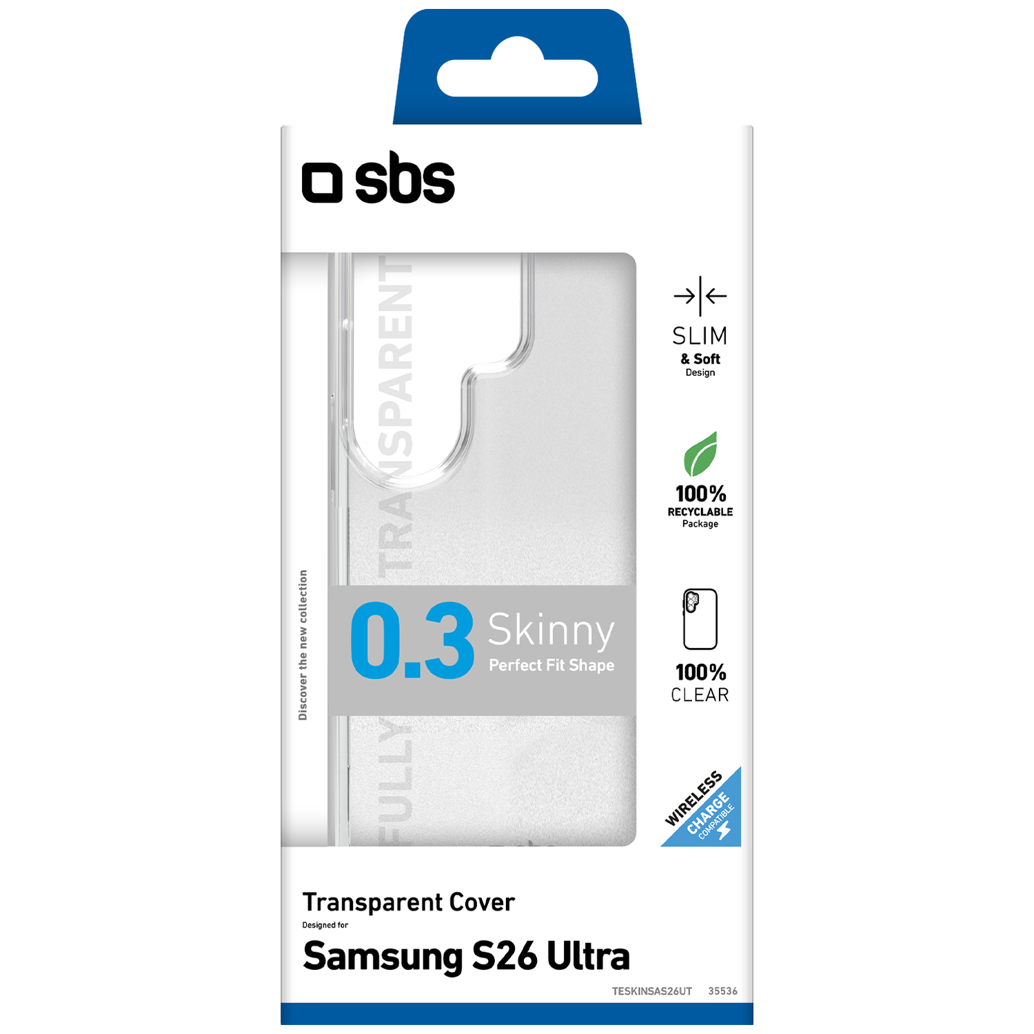 SBS Samsung S26 Ultra hoesje, transparant, slank, 0,3 mm, draadloos opladen compatibel.