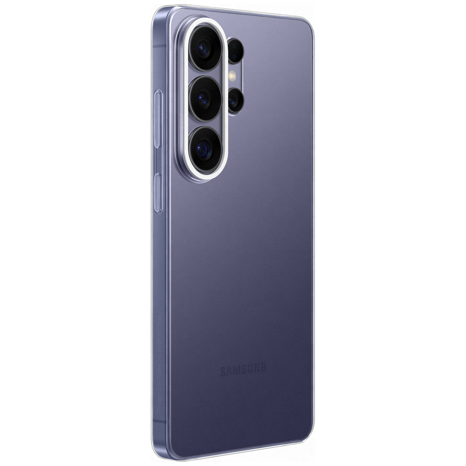 Purple Samsung smartphone with three cameras, on a white background.