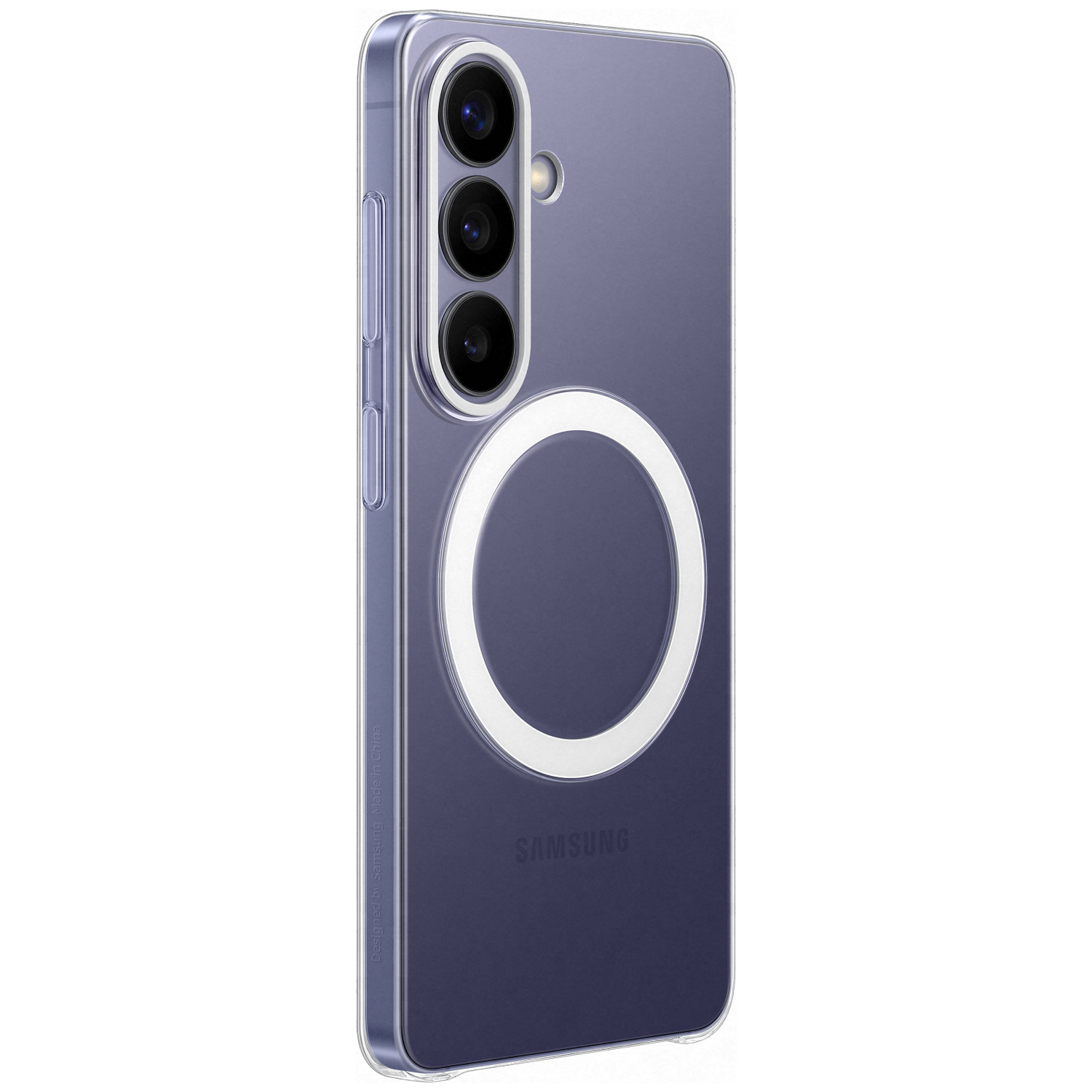 Coque transparente avec anneau magnétique et trois objectifs sur un téléphone Samsung.