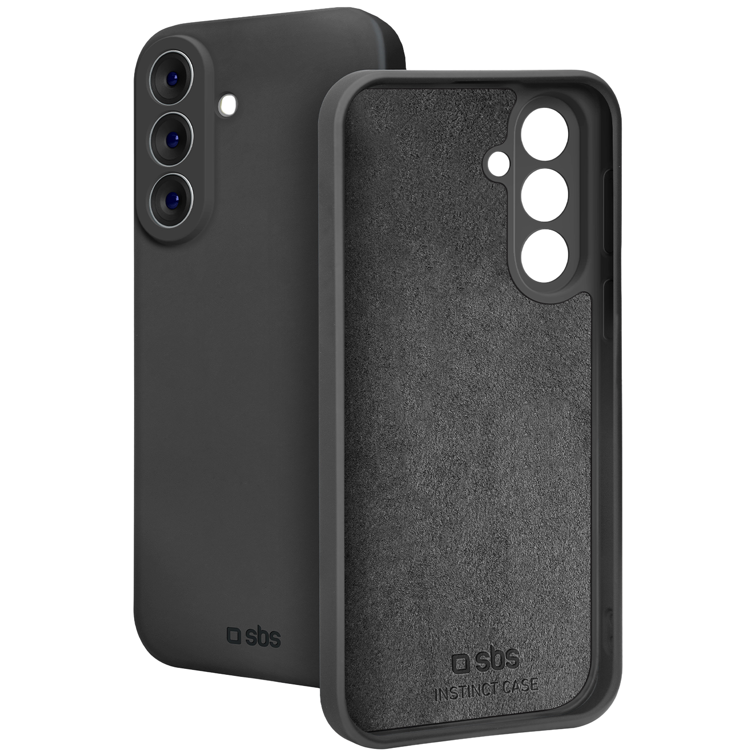 Twee zwarte telefoonhoesjes, één gericht op de camera's, de ander toont de binnenkant.