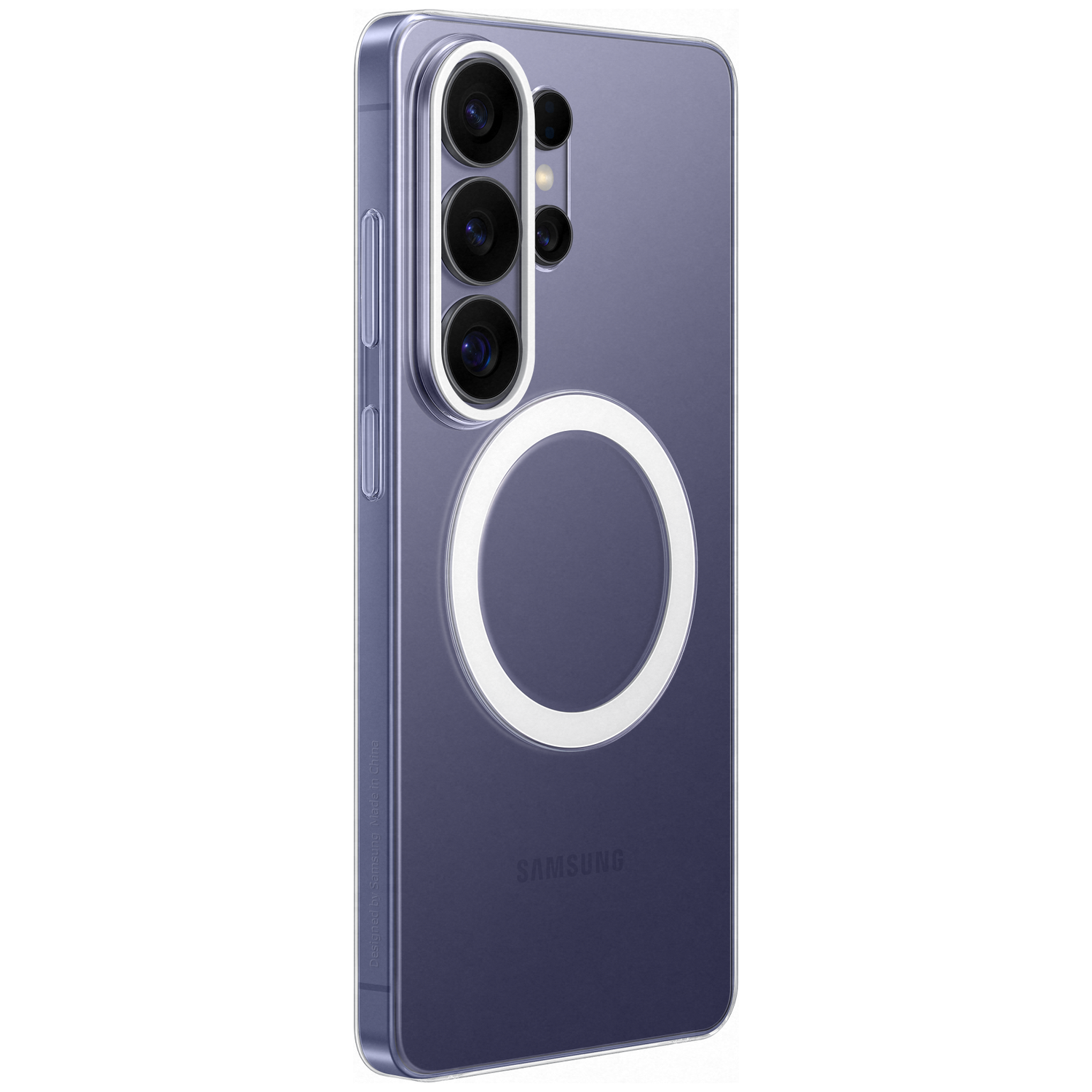 Paarse Samsung telefoonhoes met camera-array en witte ring aan de achterkant.