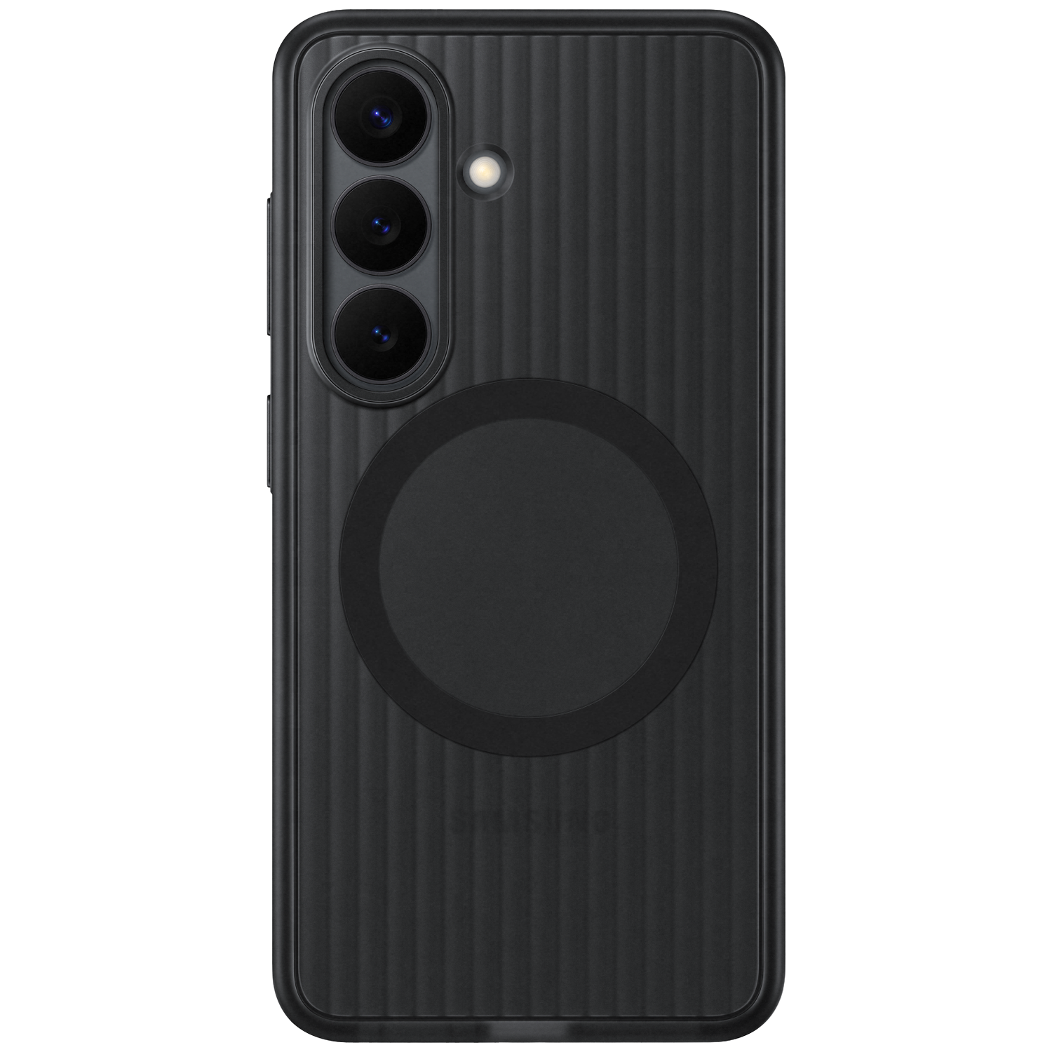 Zwarte smartphone met verticale ribbels, drie camera's en een zwarte cirkel.