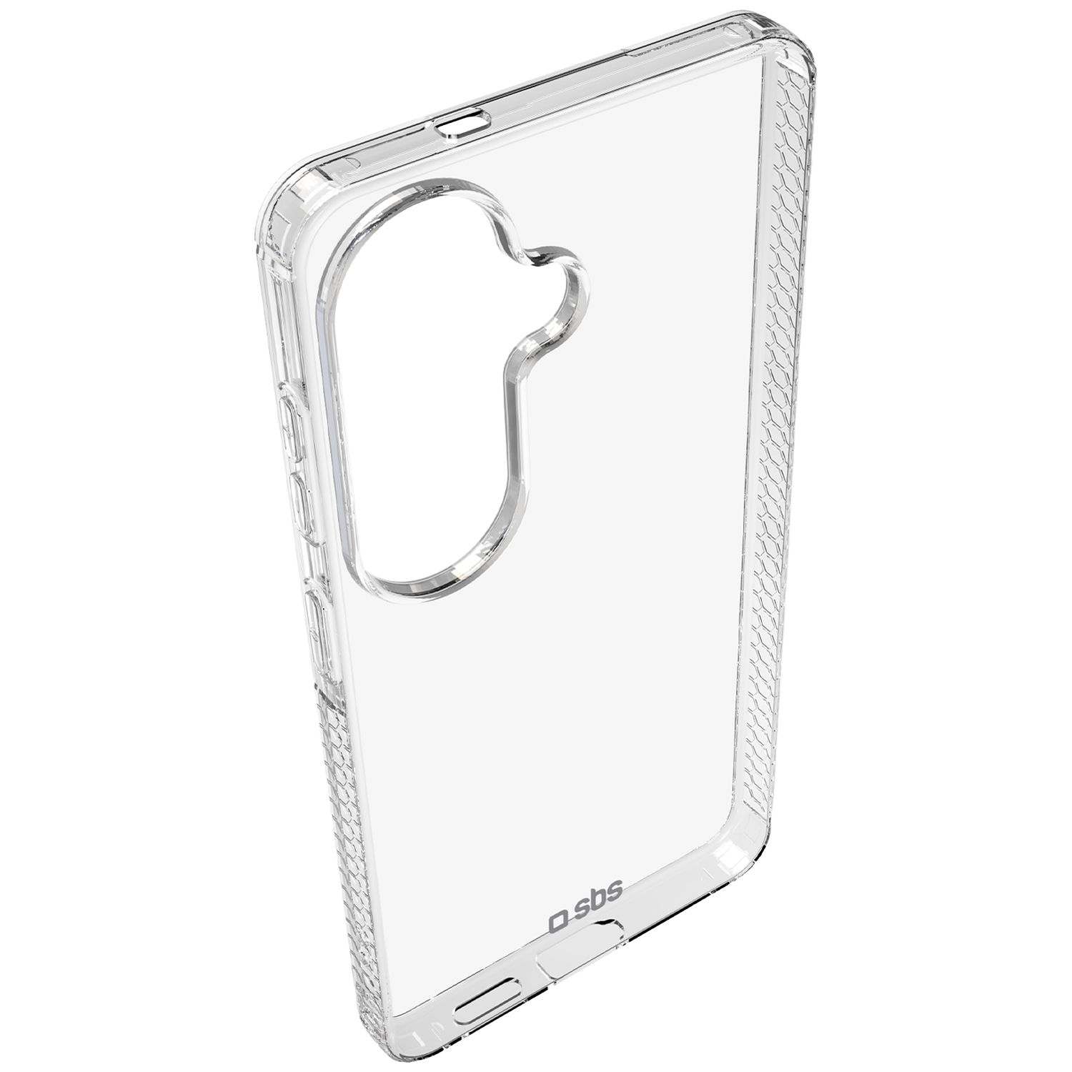 Clear phone case with a camera cutout and textured sides. Features the SBS logo.