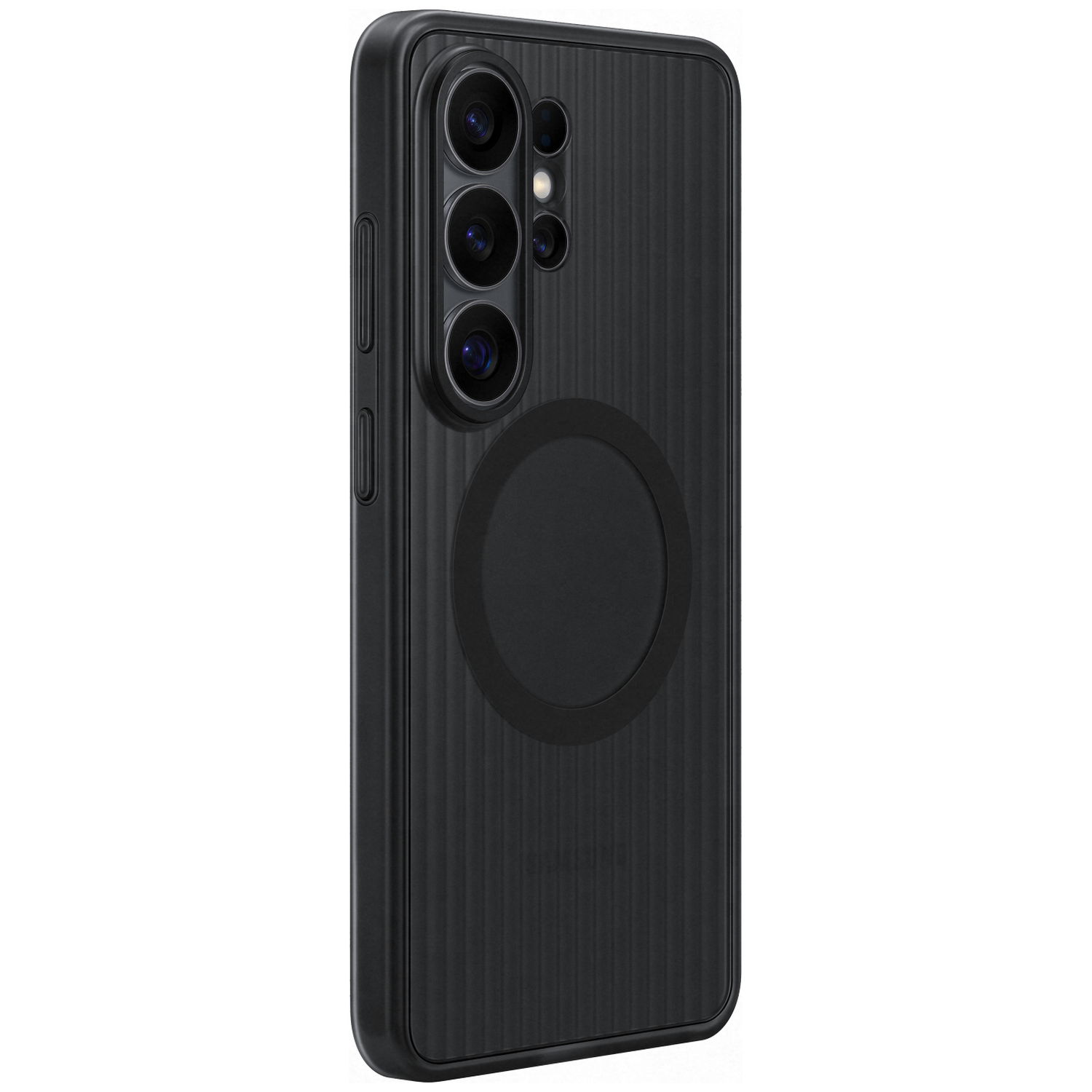 Black phone case with vertical ridges and a circular magnetic area.