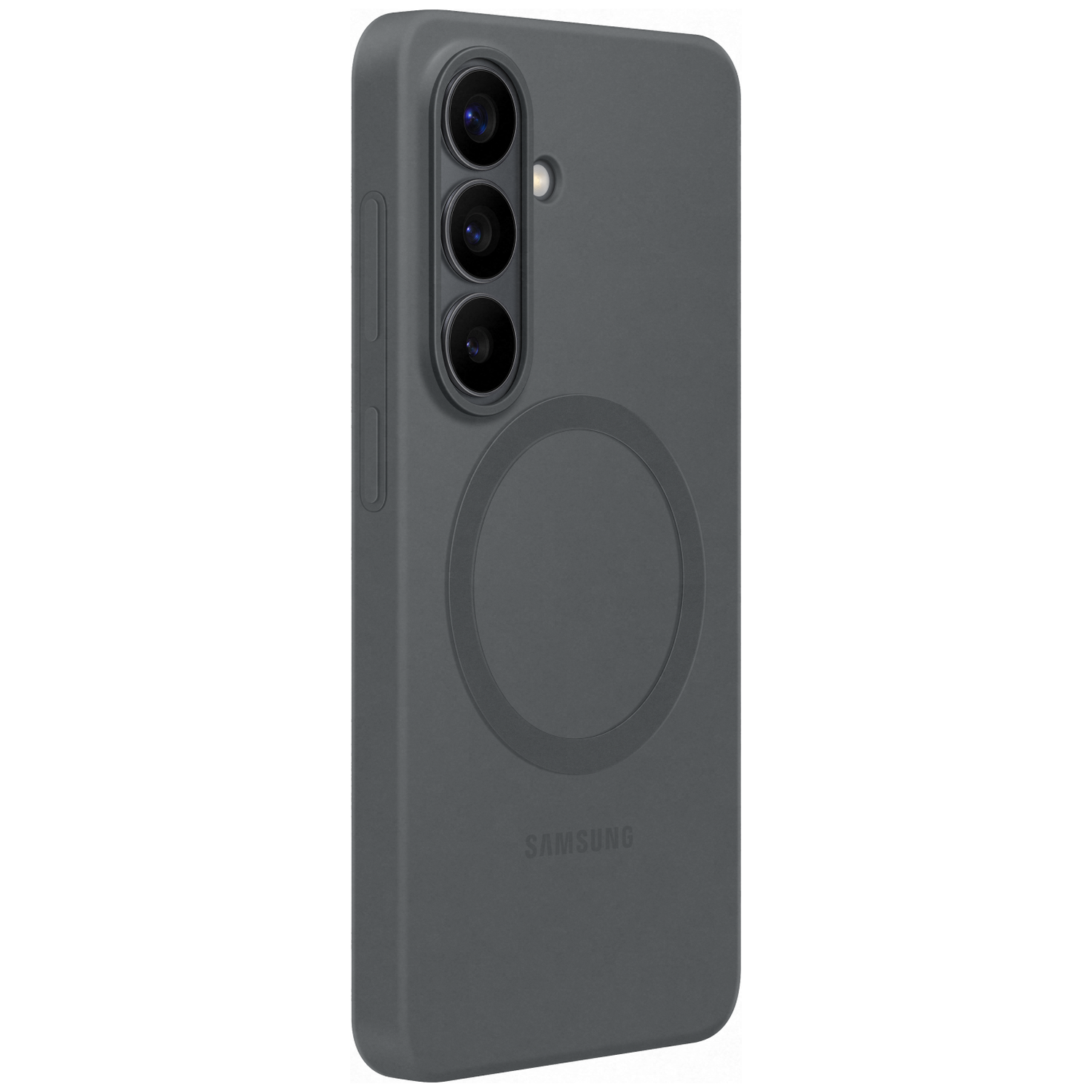 Donkergrijs telefoonhoesje met drie cameralenzen en MagSafe-cirkel.